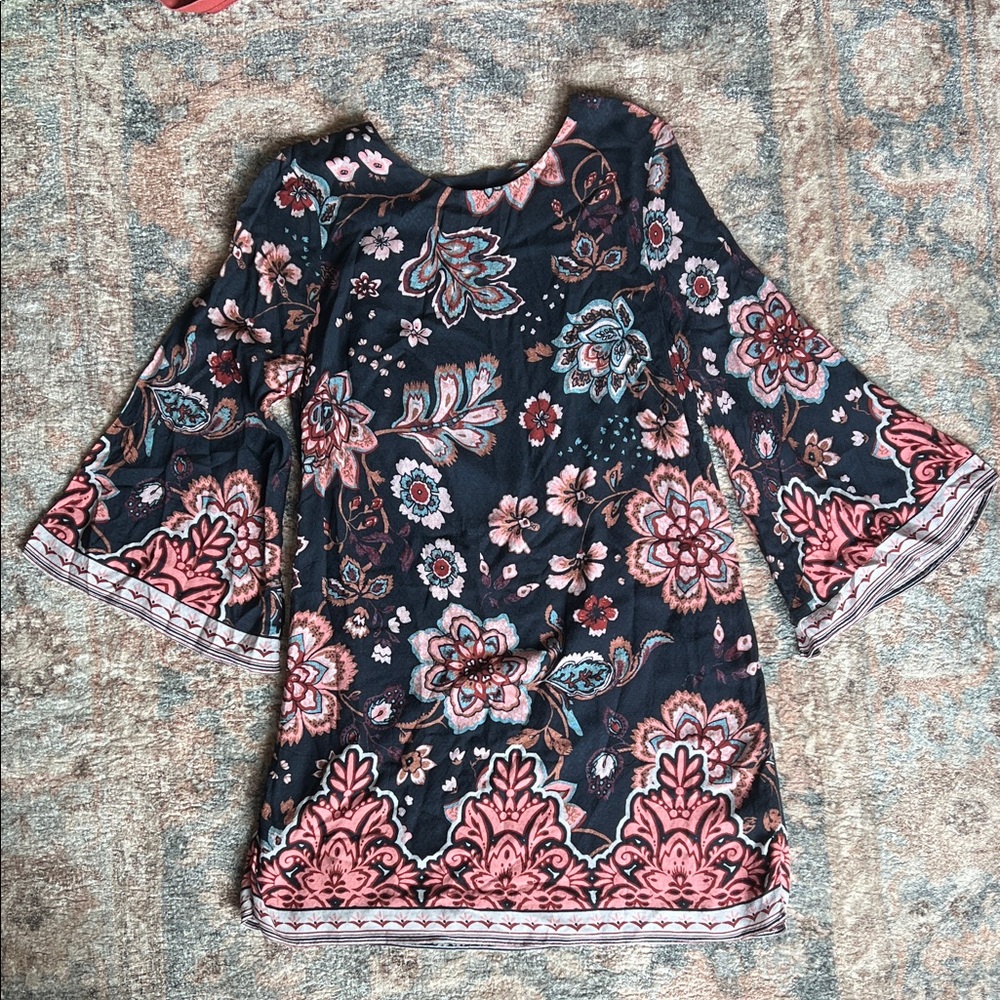 Ecoté Navy Floral Bell-Sleeve Mini Dress with Pink Accents